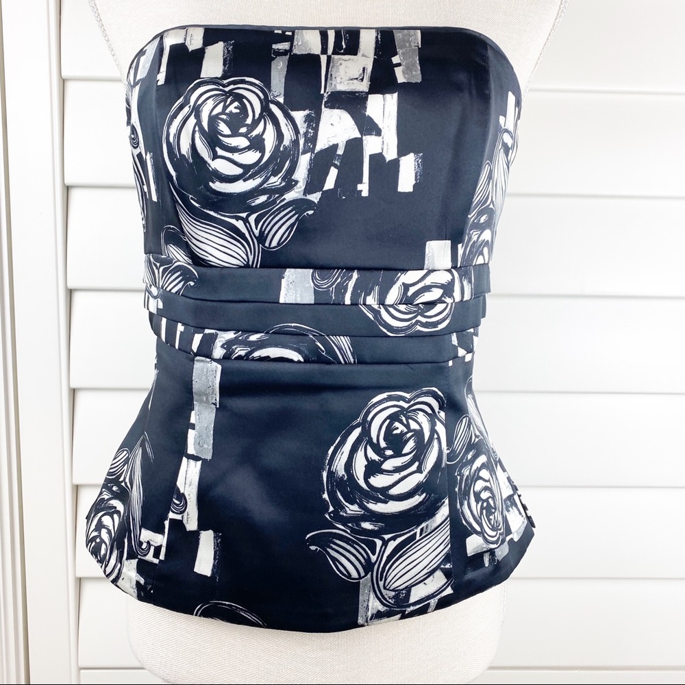 WHBM Silk Bustier Black & White Flowers Sz 6